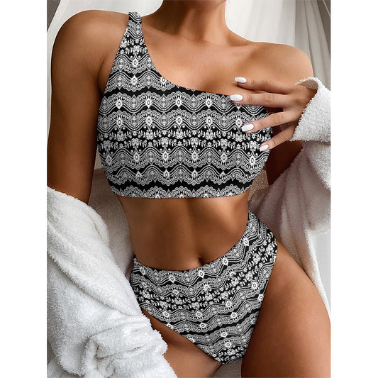 Black And White Ethnic Boho Print One Shoulder Bikini Top