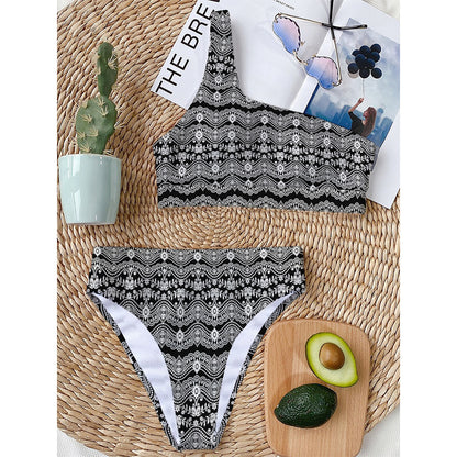 Black And White Ethnic Boho Print One Shoulder Bikini Top