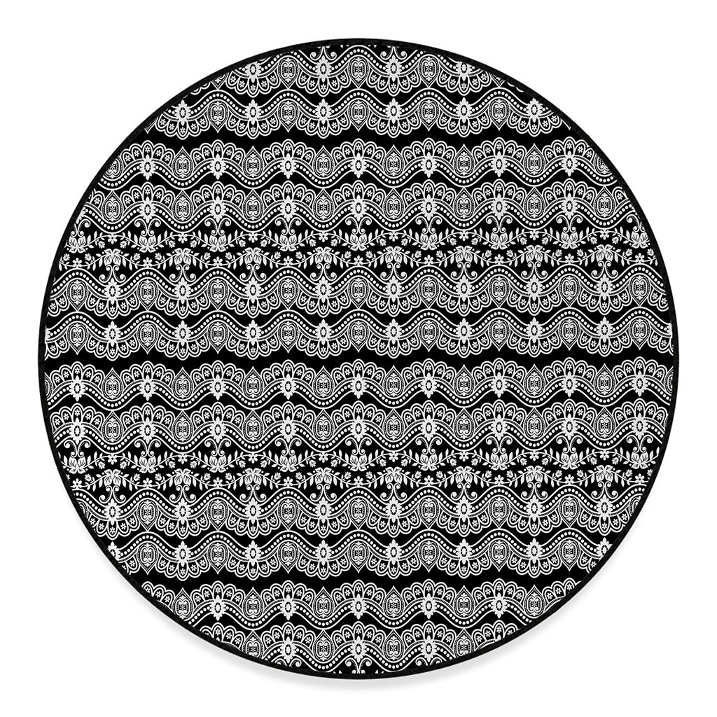 Black And White Ethnic Boho Print Round Floor Mat
