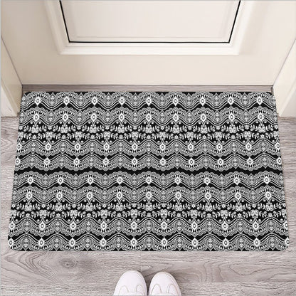 Black And White Ethnic Boho Print Rubber Doormat