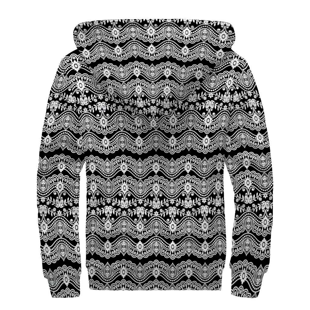 Black And White Ethnic Boho Print Sherpa Lined Zip Up Hoodie