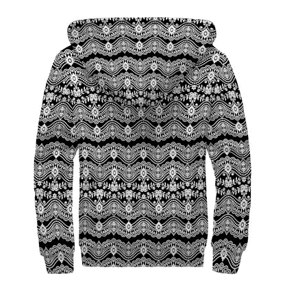 Black And White Ethnic Boho Print Sherpa Lined Zip Up Hoodie