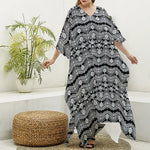 Black And White Ethnic Boho Print Silk V-Neck Kaftan Dress