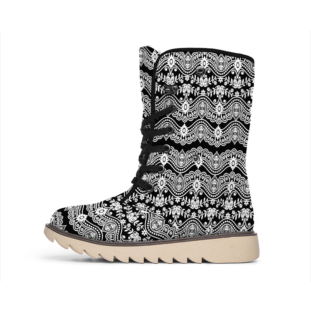 Black And White Ethnic Boho Print Winter Boots
