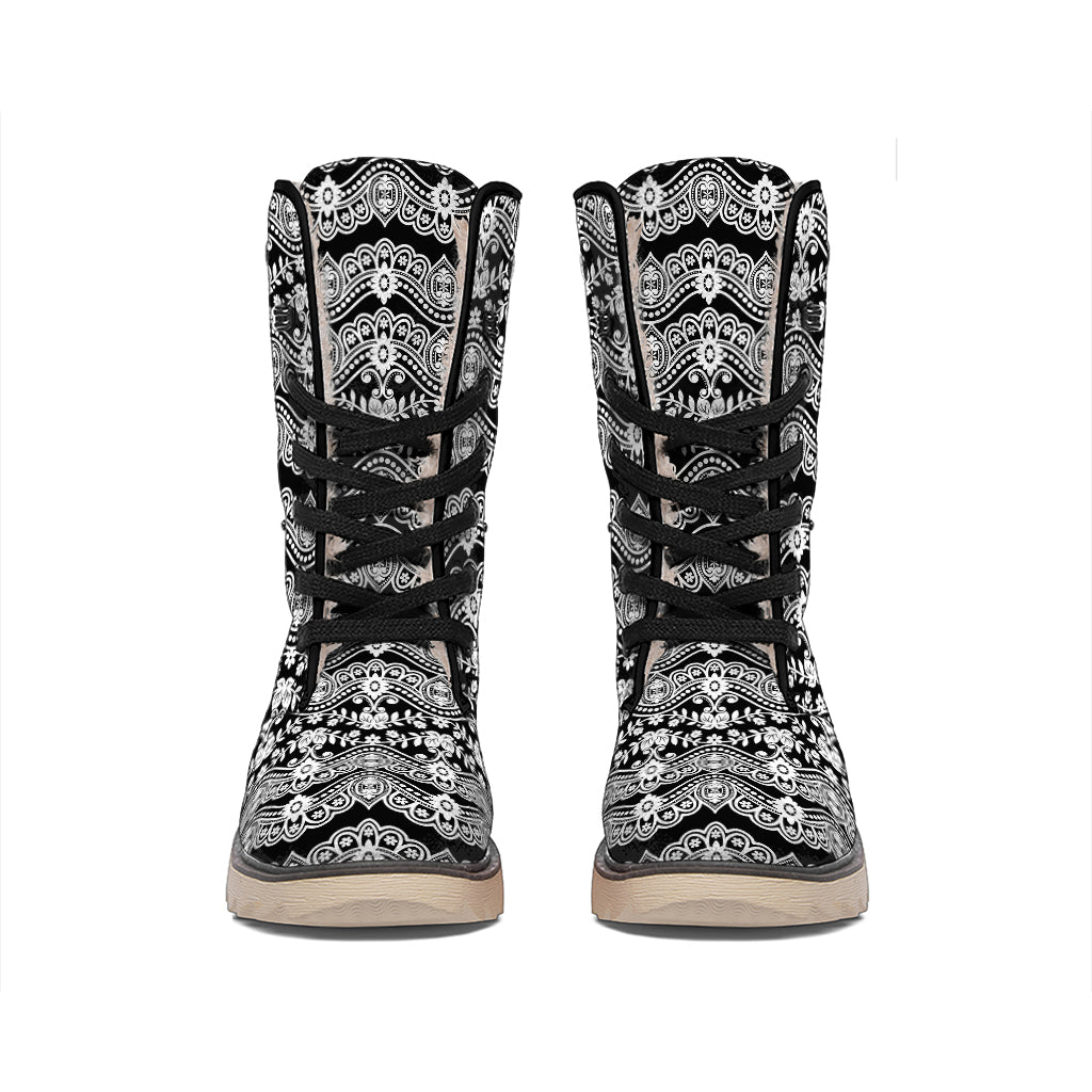 Black And White Ethnic Boho Print Winter Boots