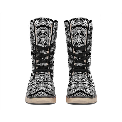 Black And White Ethnic Boho Print Winter Boots