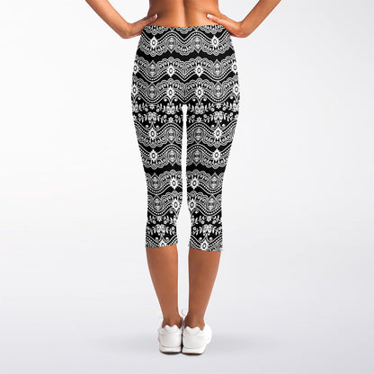 Black And White Ethnic Boho Print Women's Capri Leggings