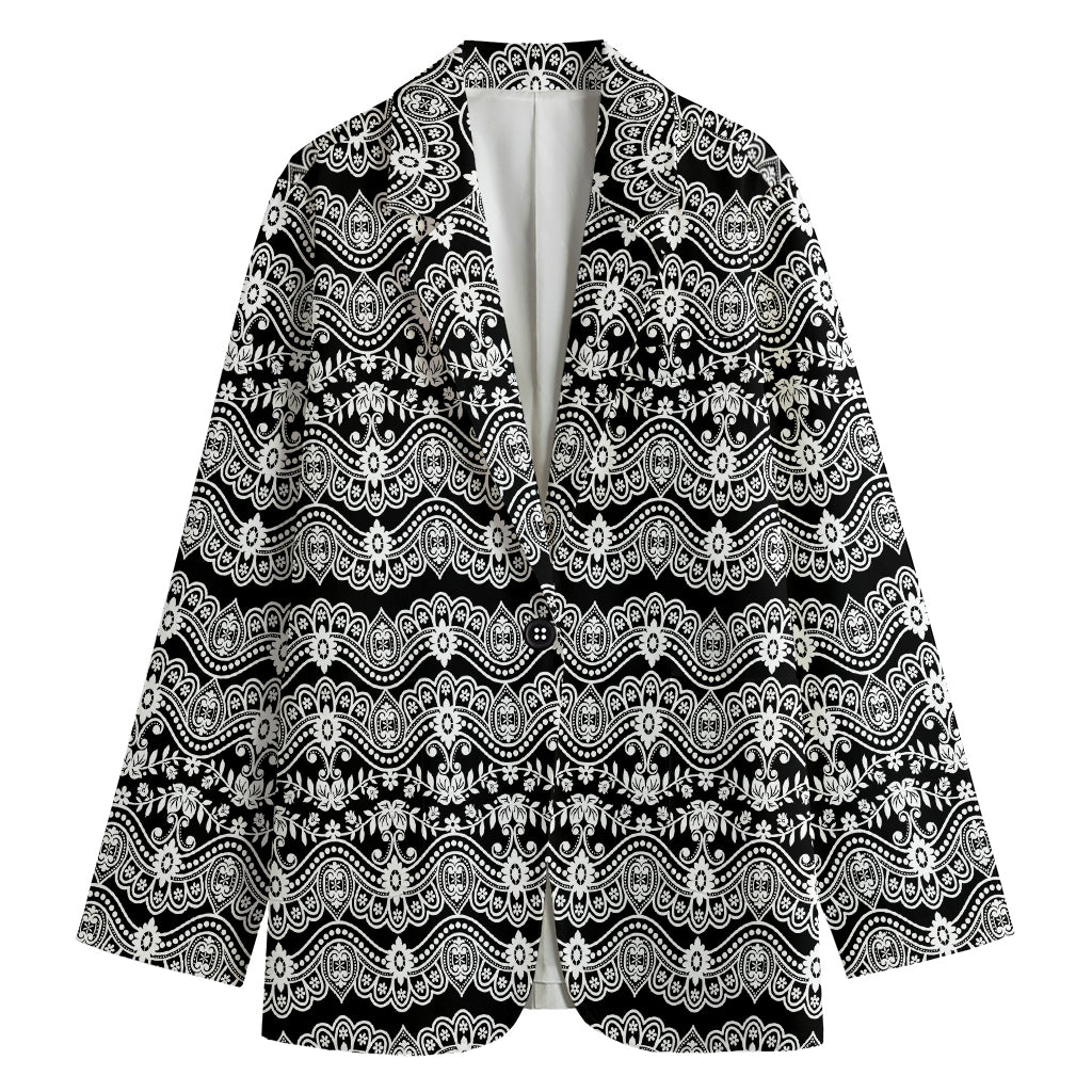 Black And White Ethnic Boho Print Women's Cotton Blazer
