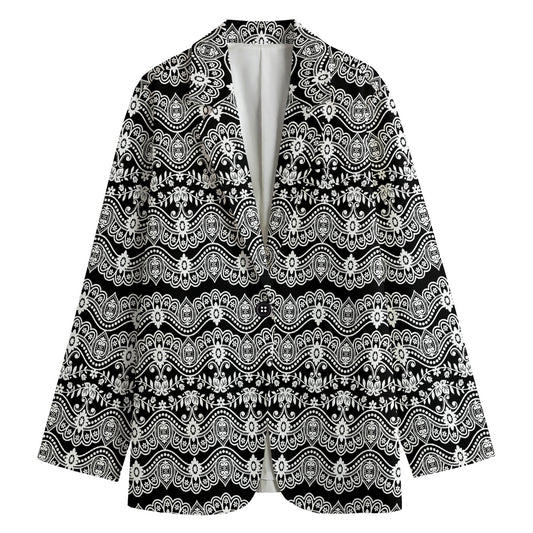 Black And White Ethnic Boho Print Women's Cotton Blazer