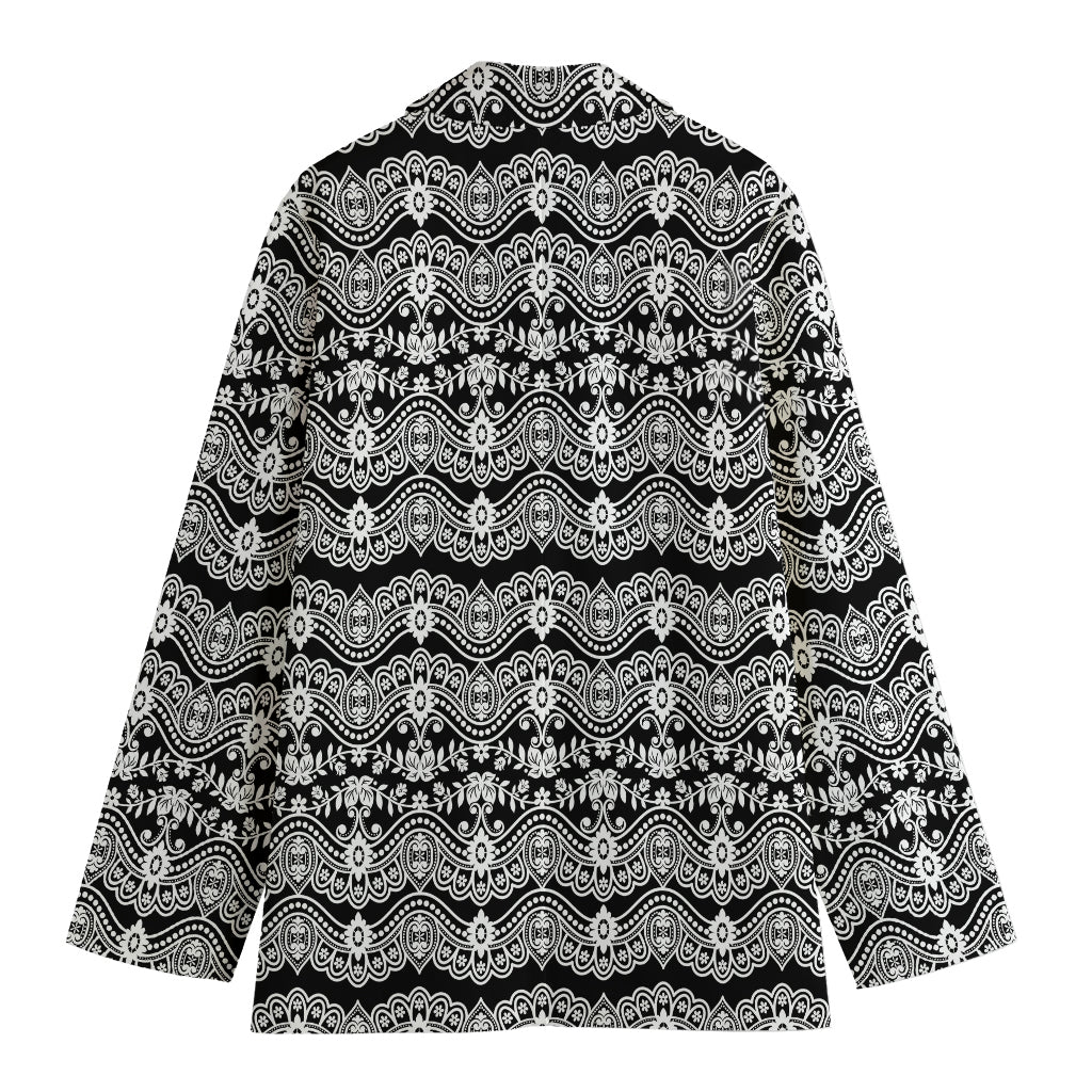 Black And White Ethnic Boho Print Women's Cotton Blazer