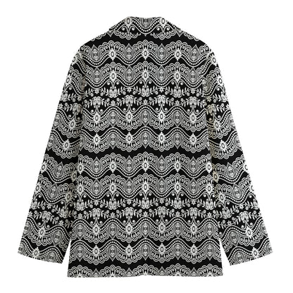 Black And White Ethnic Boho Print Women's Cotton Blazer