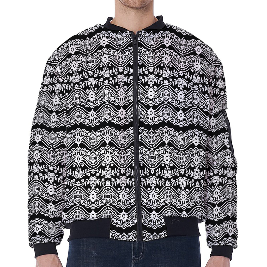 Black And White Ethnic Boho Print Zip Sleeve Bomber Jacket