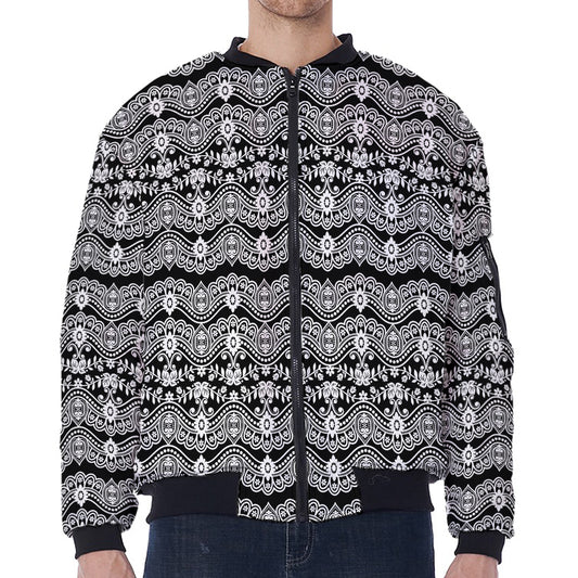 Black And White Ethnic Boho Print Zip Sleeve Bomber Jacket
