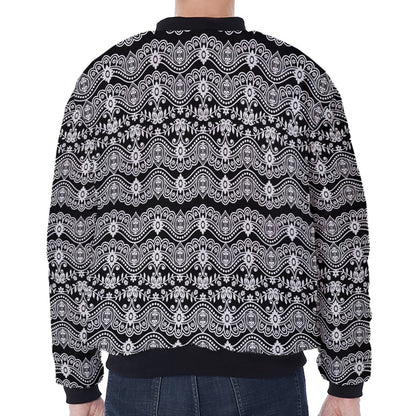 Black And White Ethnic Boho Print Zip Sleeve Bomber Jacket