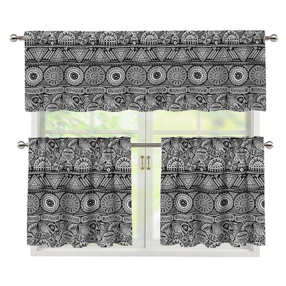 Black And White Ethnic Pattern Print 3 Piece Kitchen Curtains