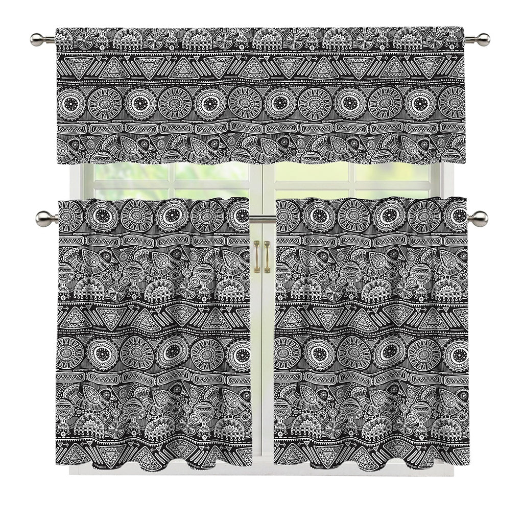 Black And White Ethnic Pattern Print 3 Piece Kitchen Curtains