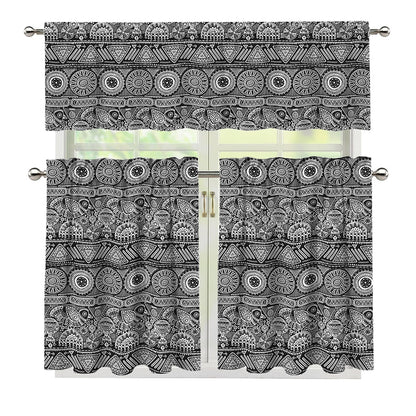 Black And White Ethnic Pattern Print 3 Piece Kitchen Curtains