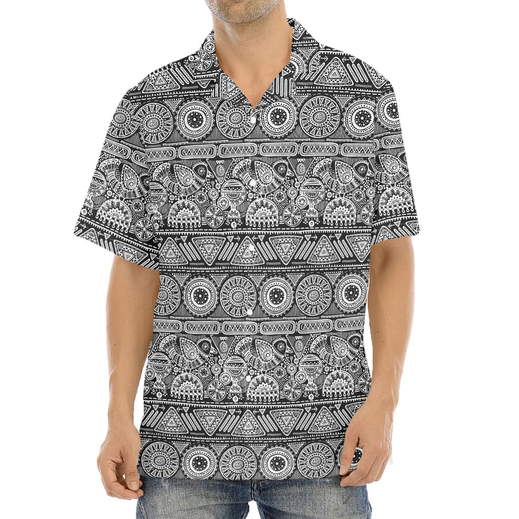 Black And White Ethnic Pattern Print Aloha Shirt