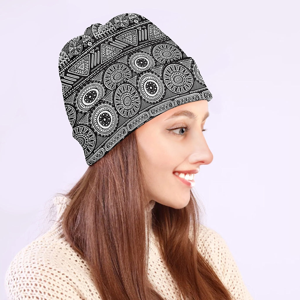 Black And White Ethnic Pattern Print Beanie