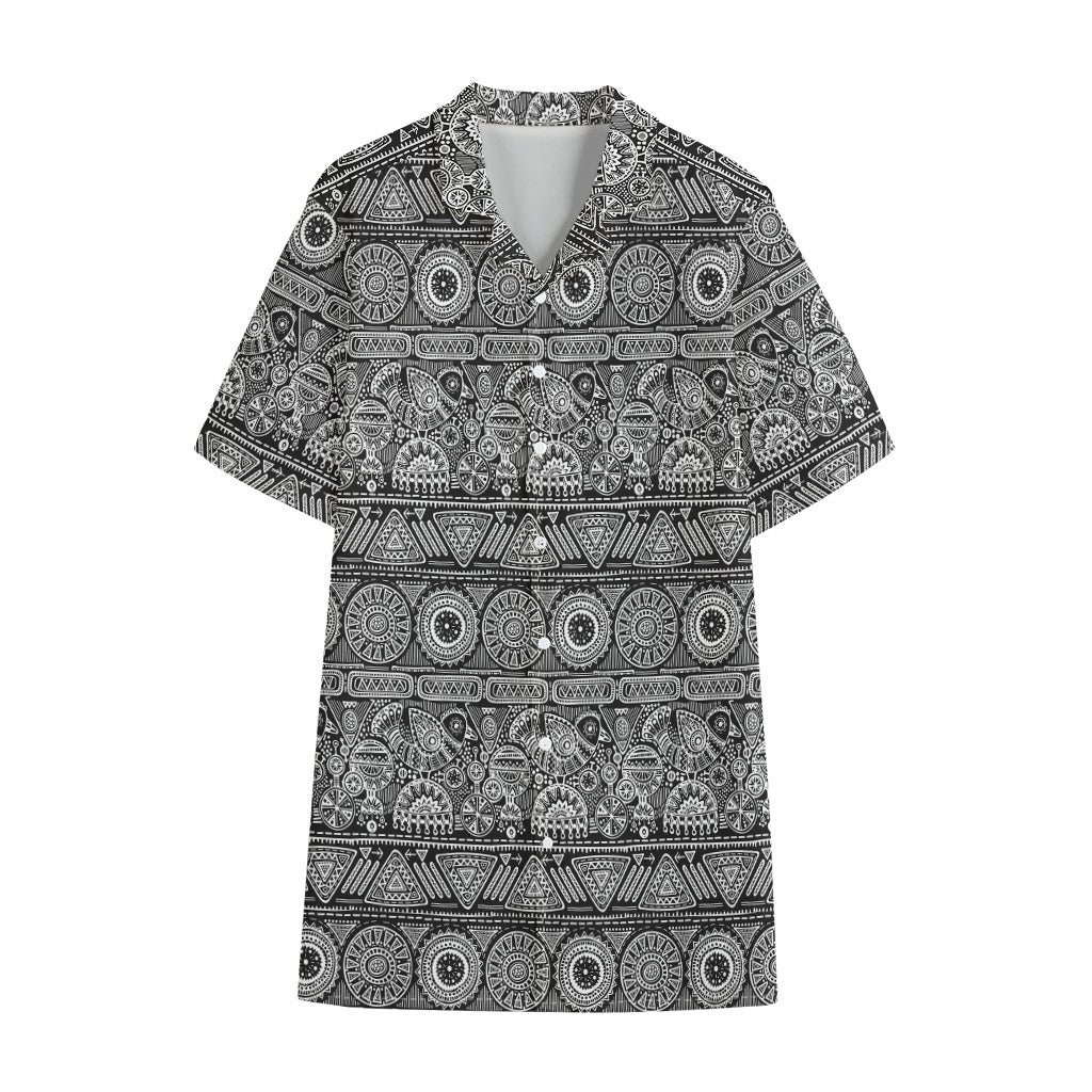 Black And White Ethnic Pattern Print Cotton Hawaiian Shirt