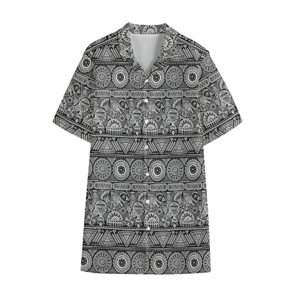 Black And White Ethnic Pattern Print Cotton Hawaiian Shirt