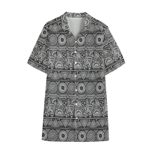 Black And White Ethnic Pattern Print Cotton Hawaiian Shirt