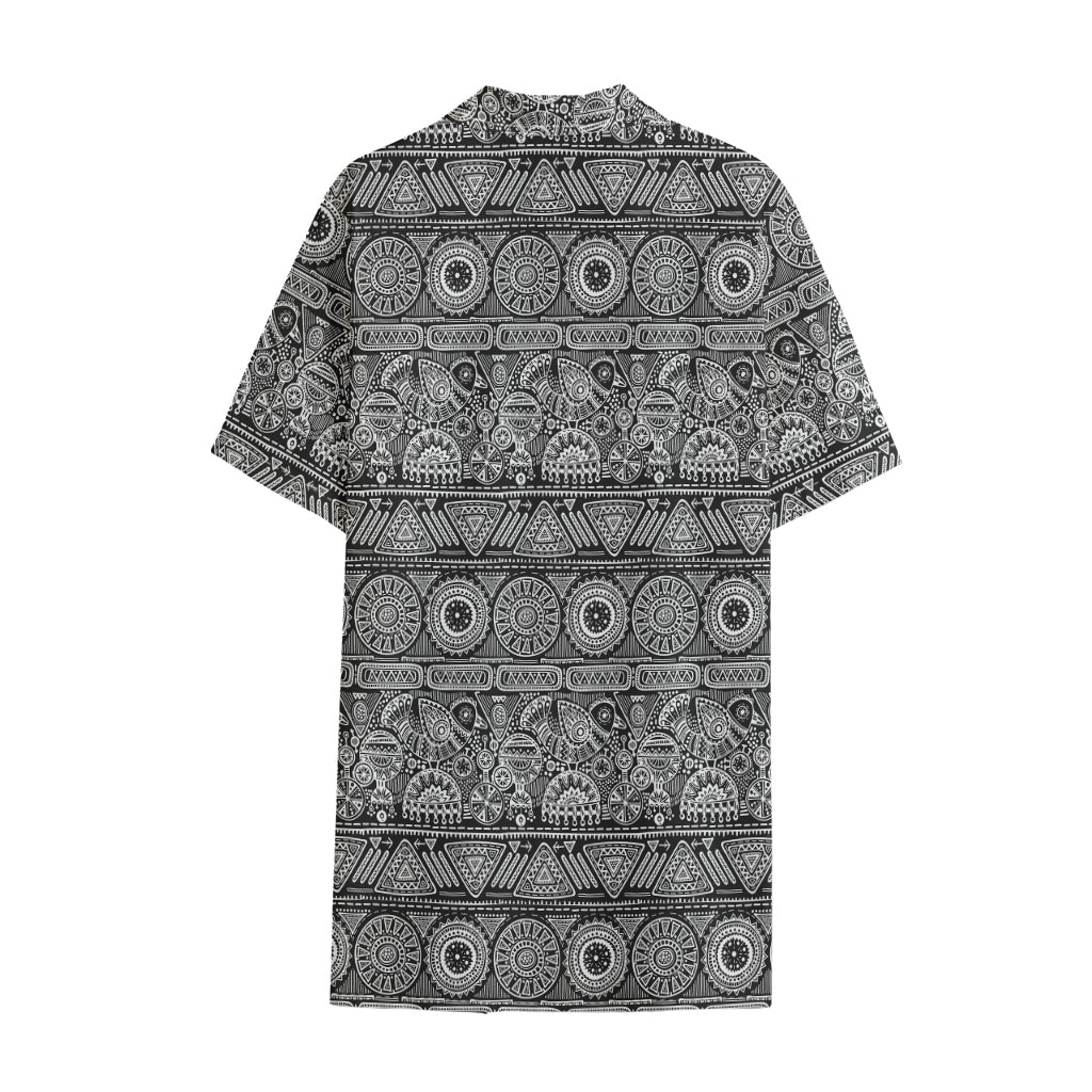 Black And White Ethnic Pattern Print Cotton Hawaiian Shirt
