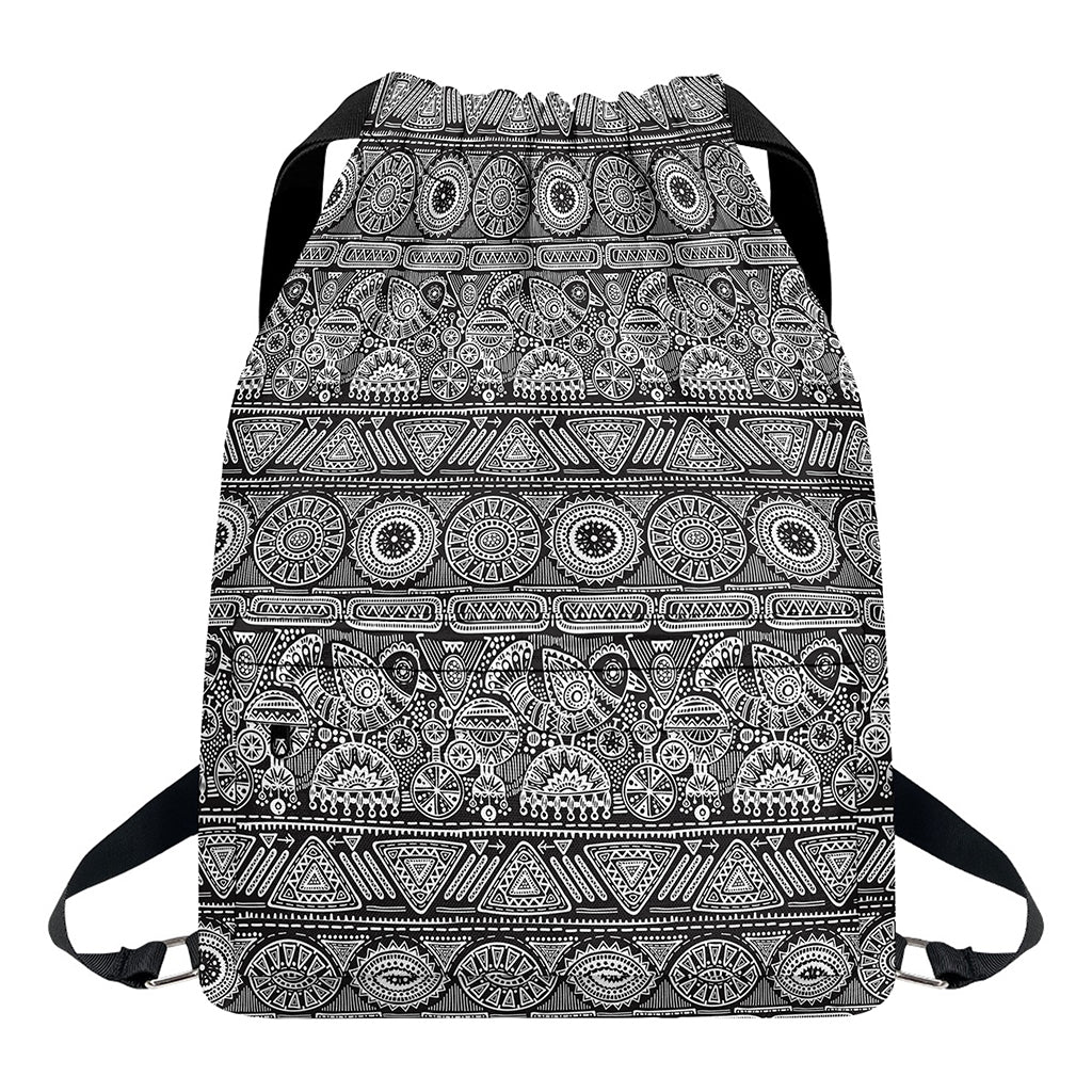 Black And White Ethnic Pattern Print Drawstring Backpack
