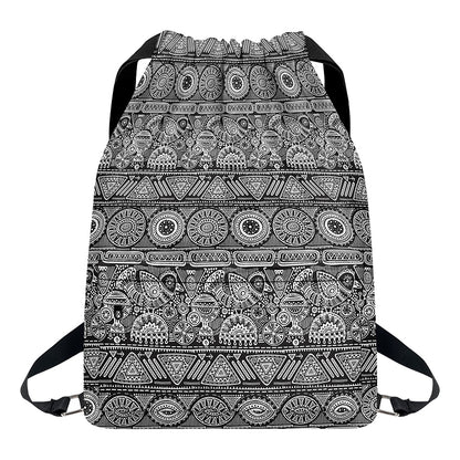 Black And White Ethnic Pattern Print Drawstring Backpack