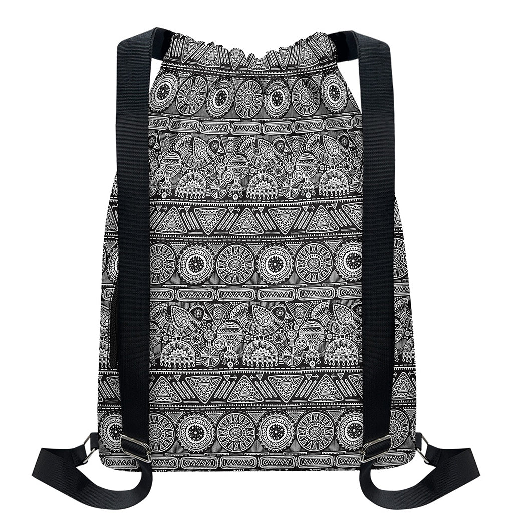 Black And White Ethnic Pattern Print Drawstring Backpack