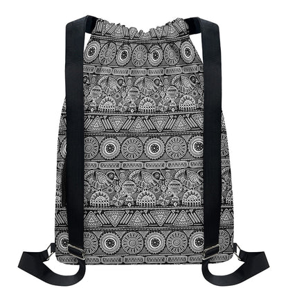 Black And White Ethnic Pattern Print Drawstring Backpack