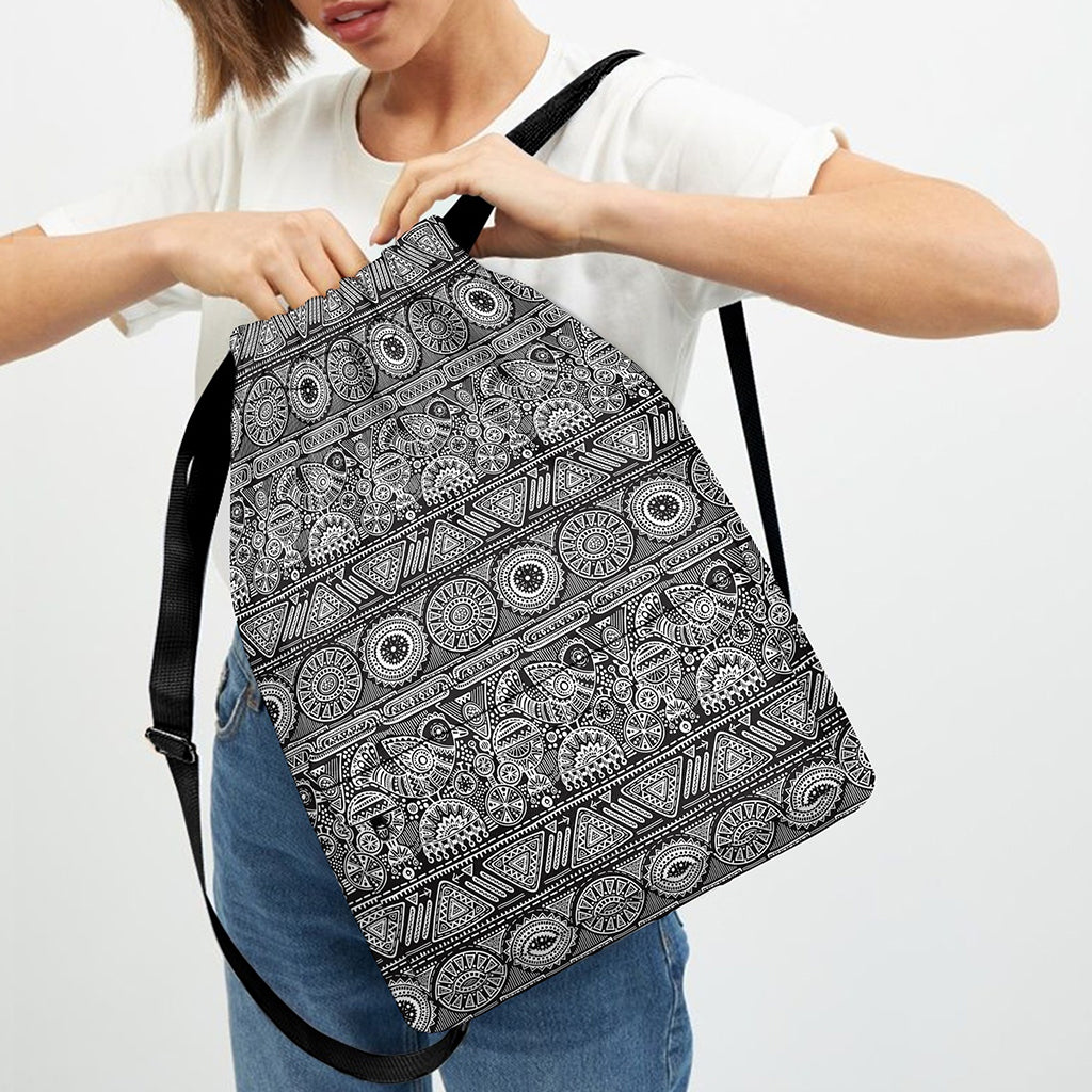 Black And White Ethnic Pattern Print Drawstring Backpack