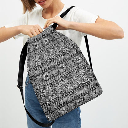 Black And White Ethnic Pattern Print Drawstring Backpack
