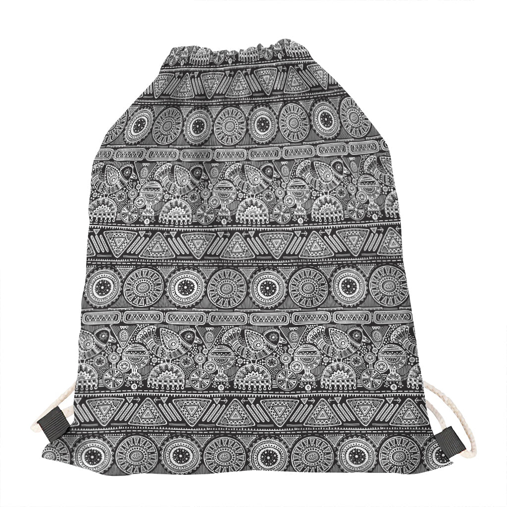 Black And White Ethnic Pattern Print Drawstring Bag