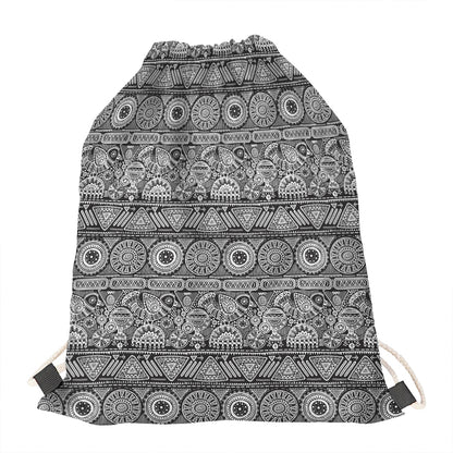 Black And White Ethnic Pattern Print Drawstring Bag