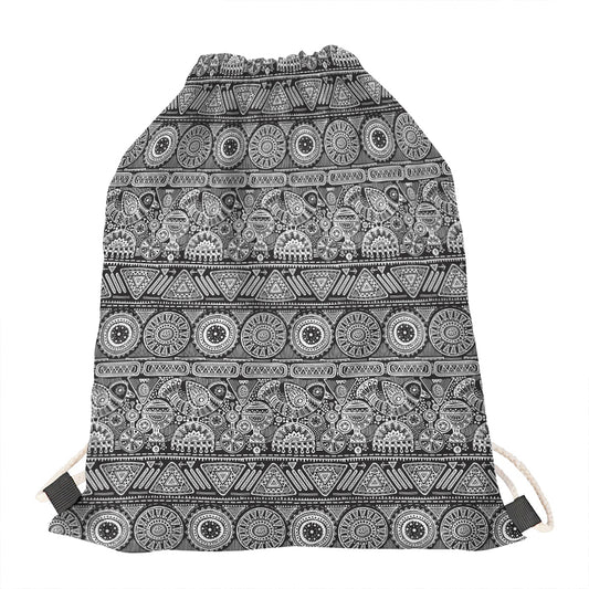 Black And White Ethnic Pattern Print Drawstring Bag