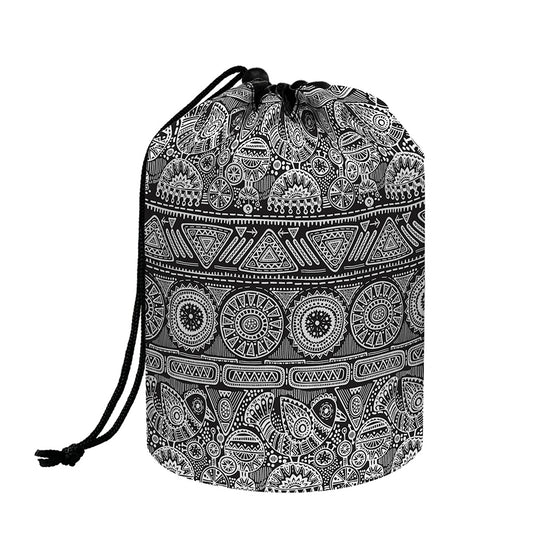 Black And White Ethnic Pattern Print Drawstring Makeup Bag
