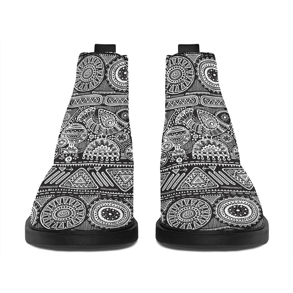 Black And White Ethnic Pattern Print Flat Ankle Boots