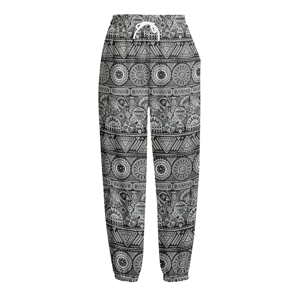 Black And White Ethnic Pattern Print Fleece Lined Knit Pants