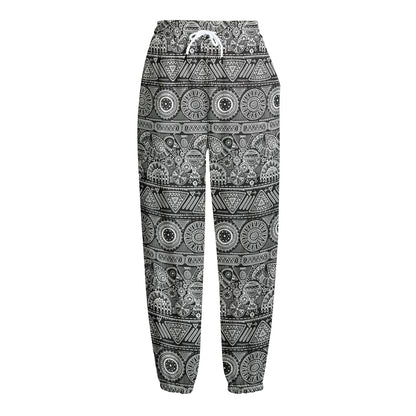 Black And White Ethnic Pattern Print Fleece Lined Knit Pants
