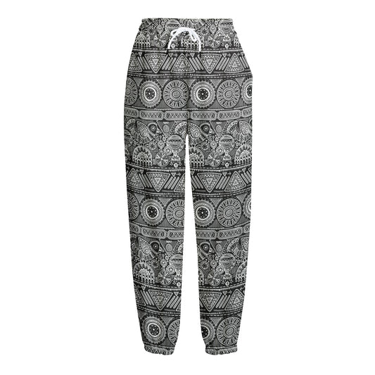 Black And White Ethnic Pattern Print Fleece Lined Knit Pants
