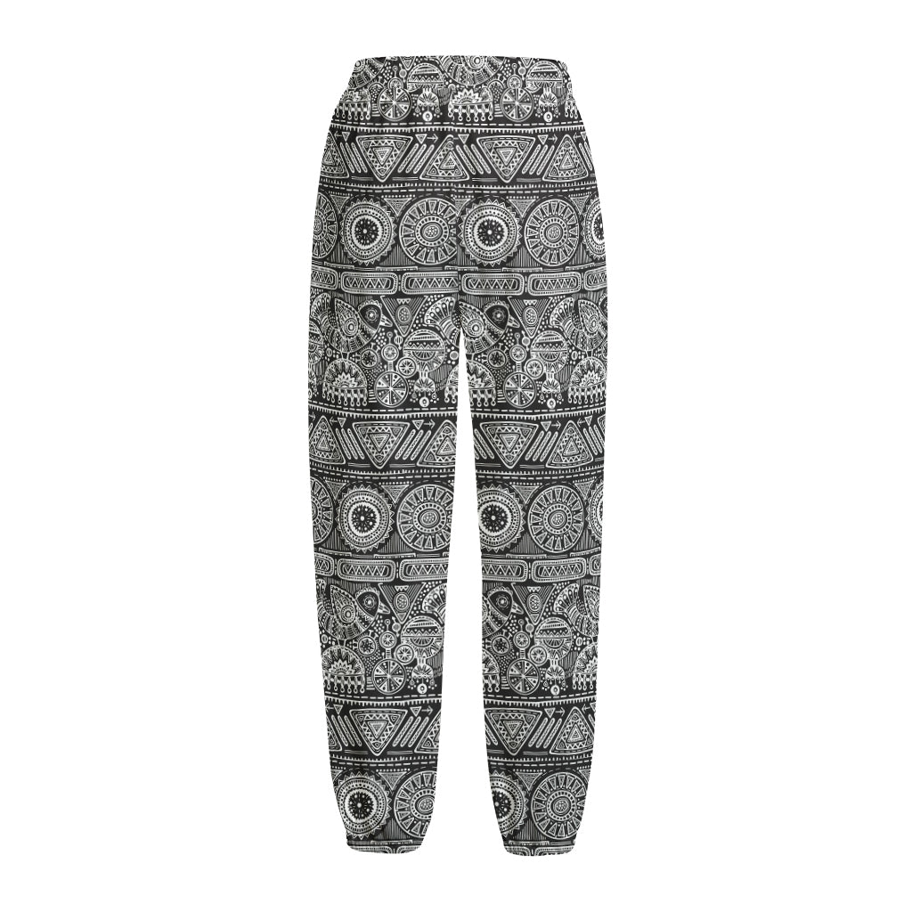 Black And White Ethnic Pattern Print Fleece Lined Knit Pants