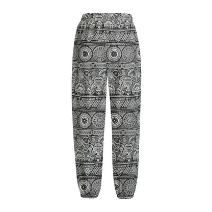 Black And White Ethnic Pattern Print Fleece Lined Knit Pants