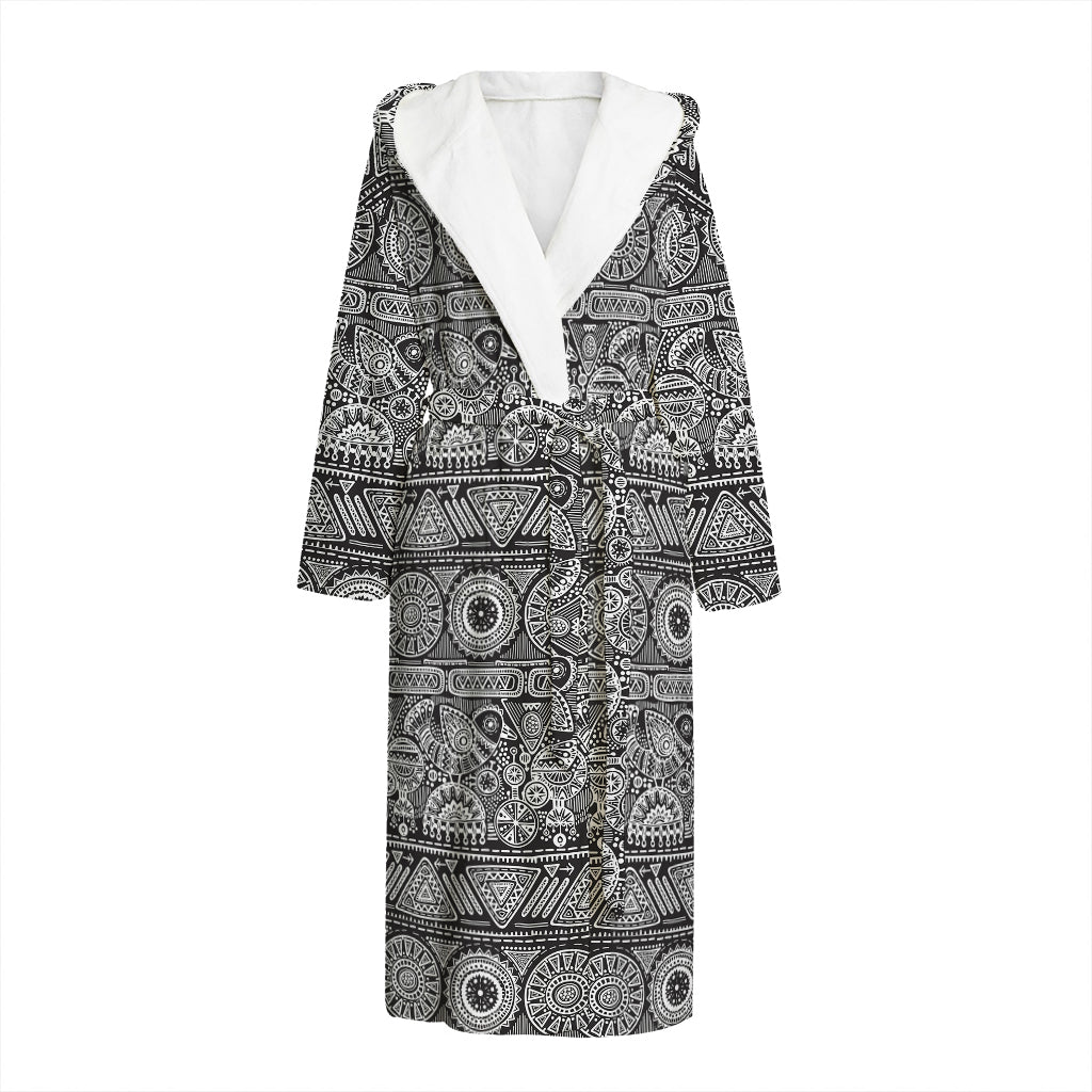Black And White Ethnic Pattern Print Hooded Bathrobe