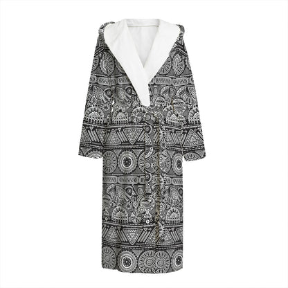 Black And White Ethnic Pattern Print Hooded Bathrobe