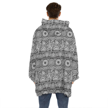 Black And White Ethnic Pattern Print Hoodie Blanket