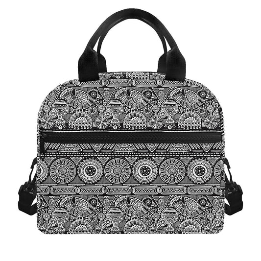 Black And White Ethnic Pattern Print Insulated Lunch Bag