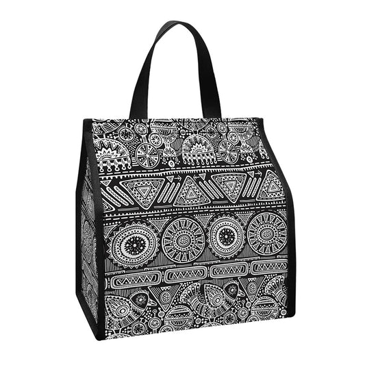 Black And White Ethnic Pattern Print Insulated Lunch Tote