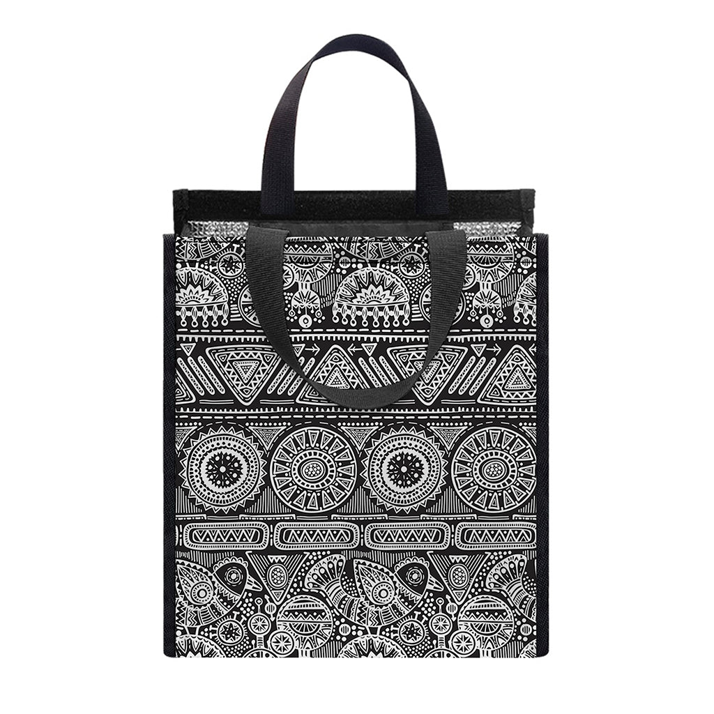 Black And White Ethnic Pattern Print Insulated Lunch Tote