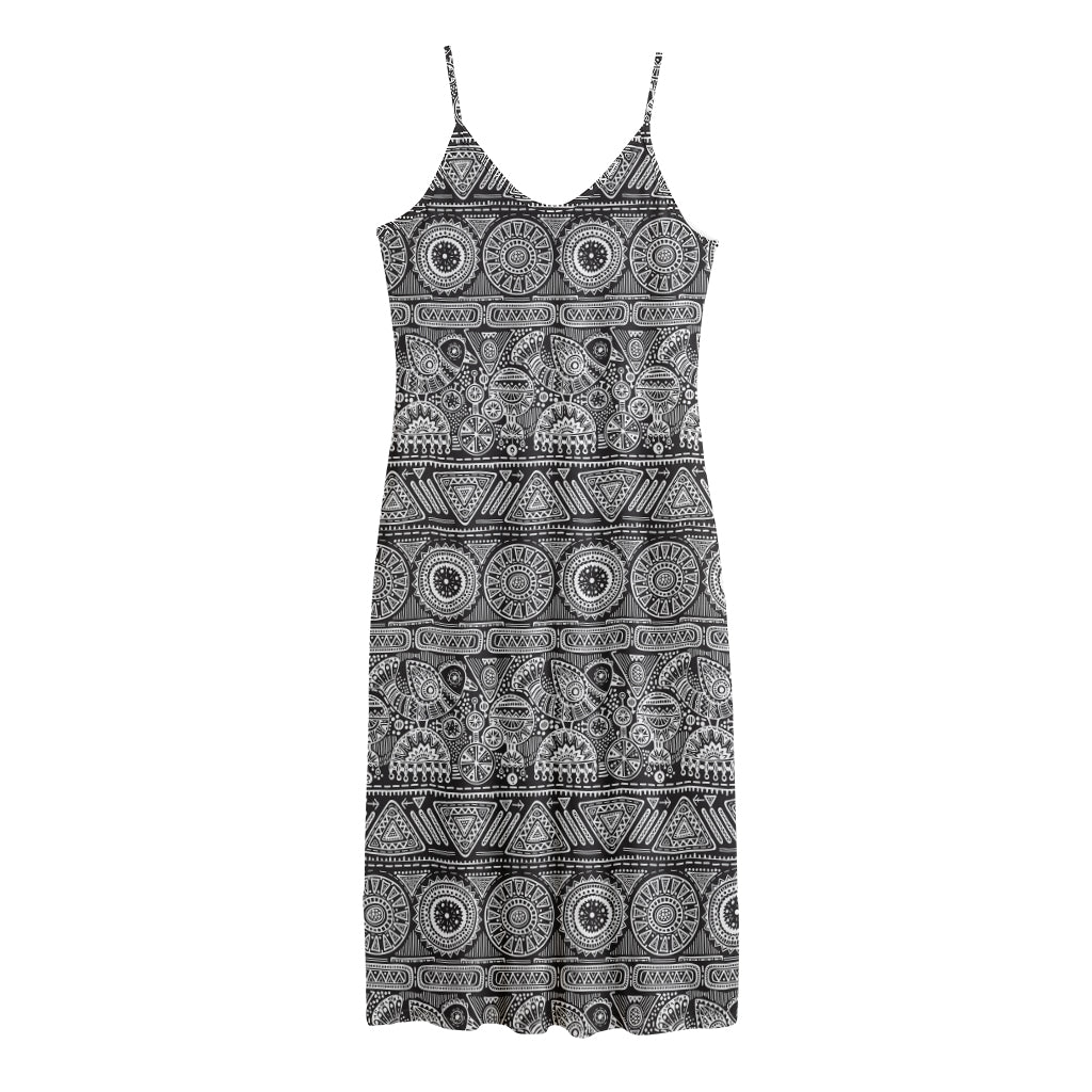 Black And White Ethnic Pattern Print Jersey Midi Cami Dress